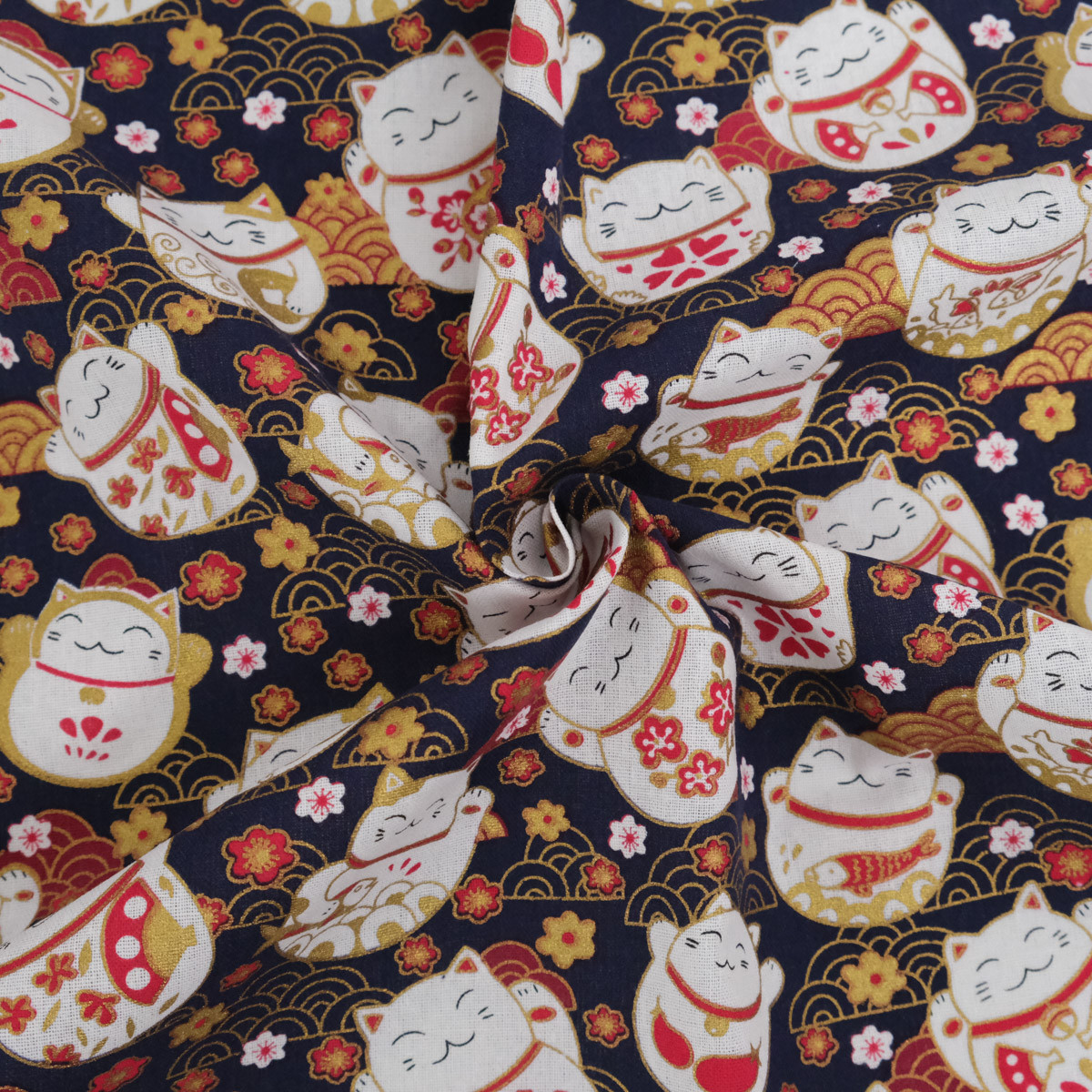 Neko Lurex-Printed Cotton on Navy Background - Maison Klem